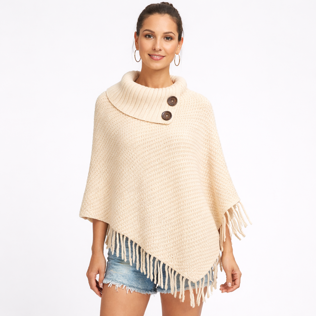 Poncho en laine femme à col boutonné