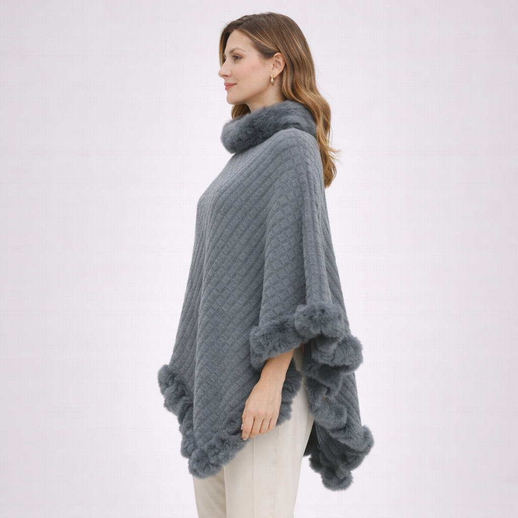 Poncho tendance femme finition fourrure
