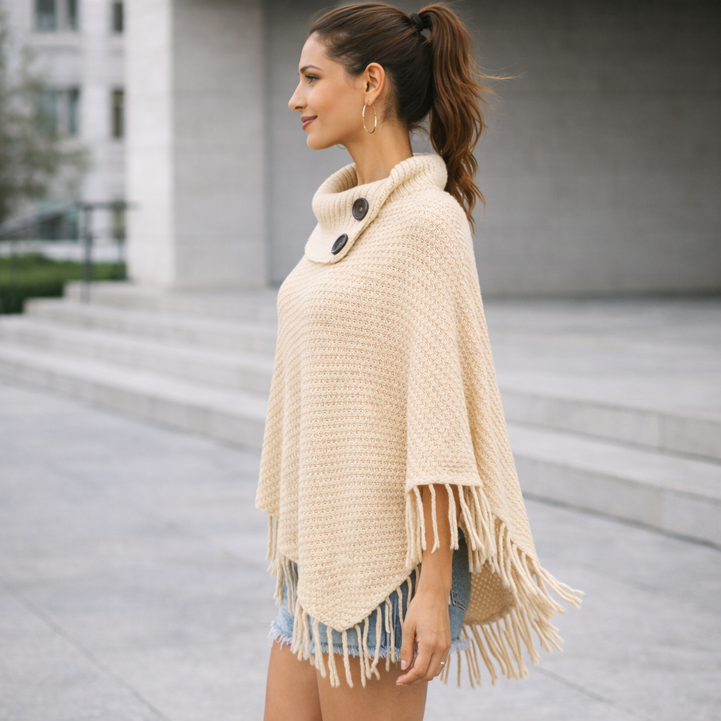 Poncho en laine femme à col boutonné