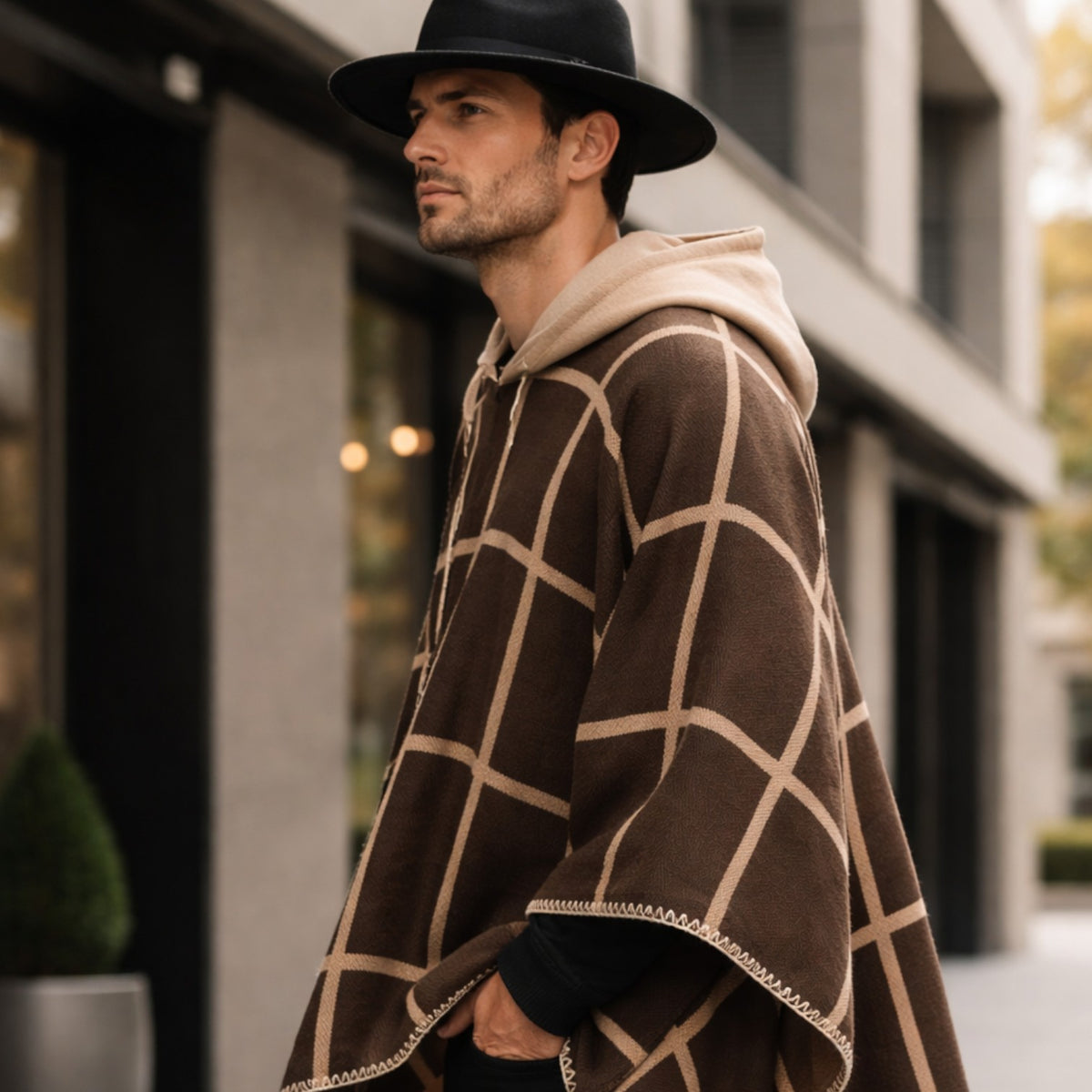 Poncho chaud homme à carreaux