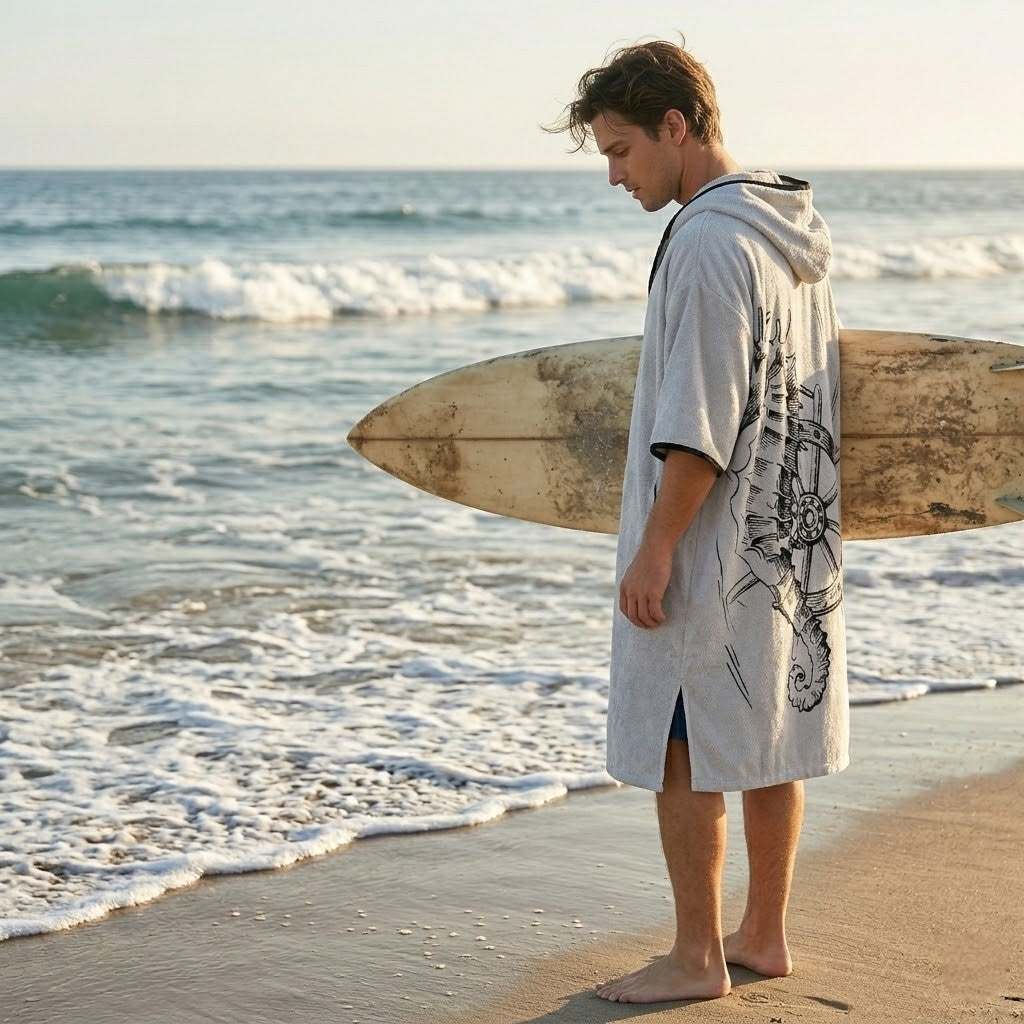 Poncho surf homme gris avec motifs