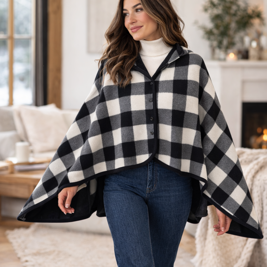 Poncho polaire femme noir et blanc