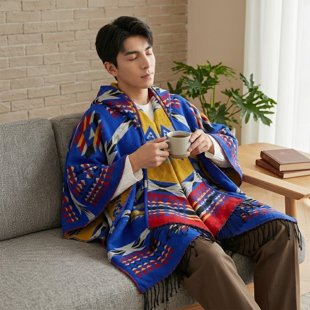 Poncho chaud homme géométrique coloré