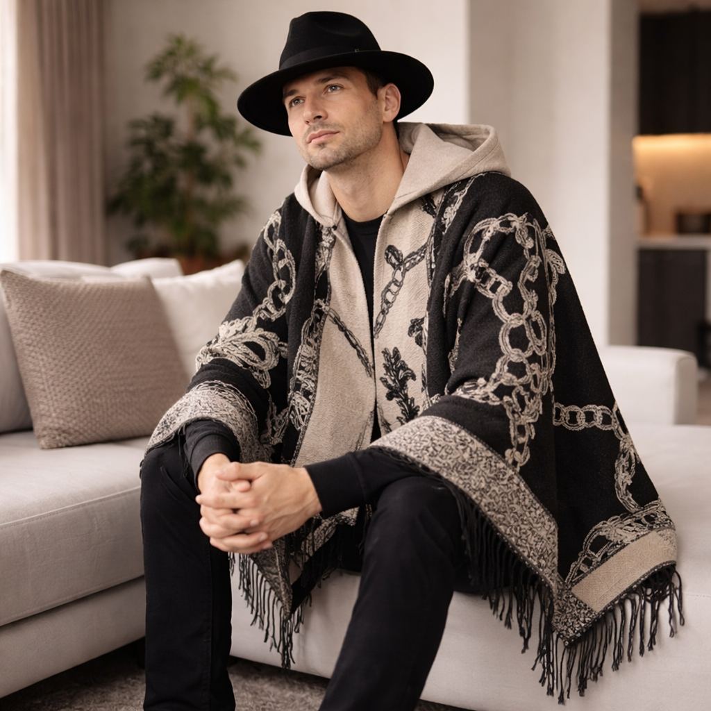 Poncho chaud homme motifs chaînes dorées