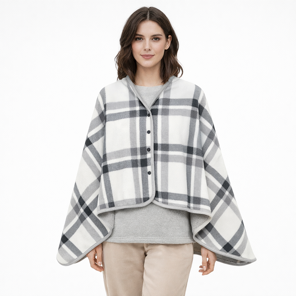 Poncho polaire femme à carreaux gris clair