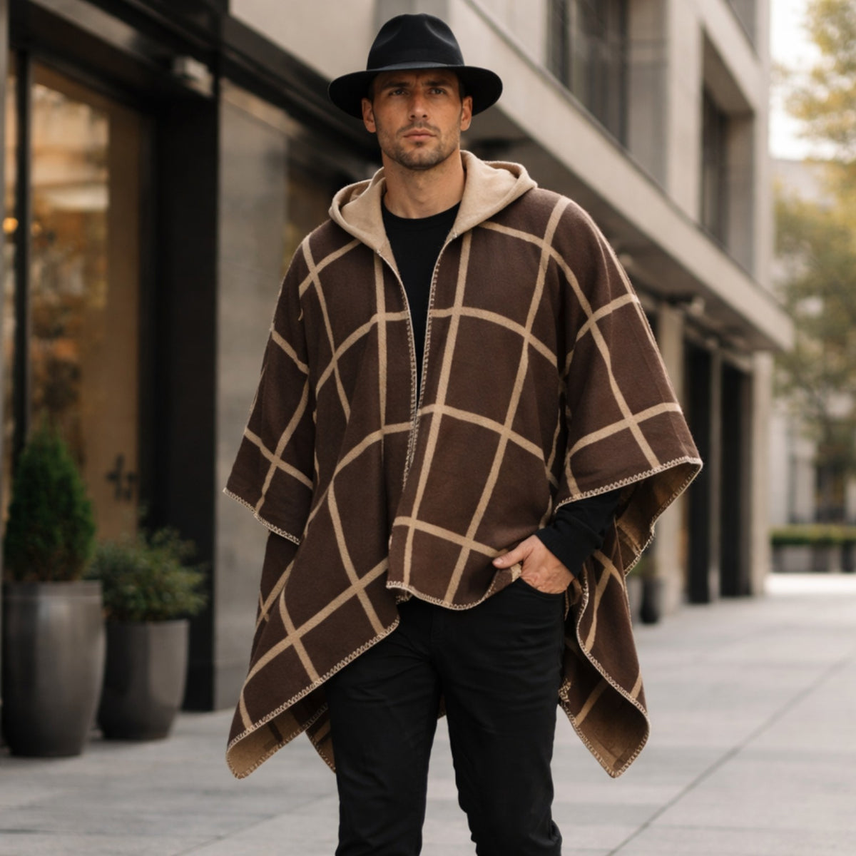 Poncho chaud homme à carreaux