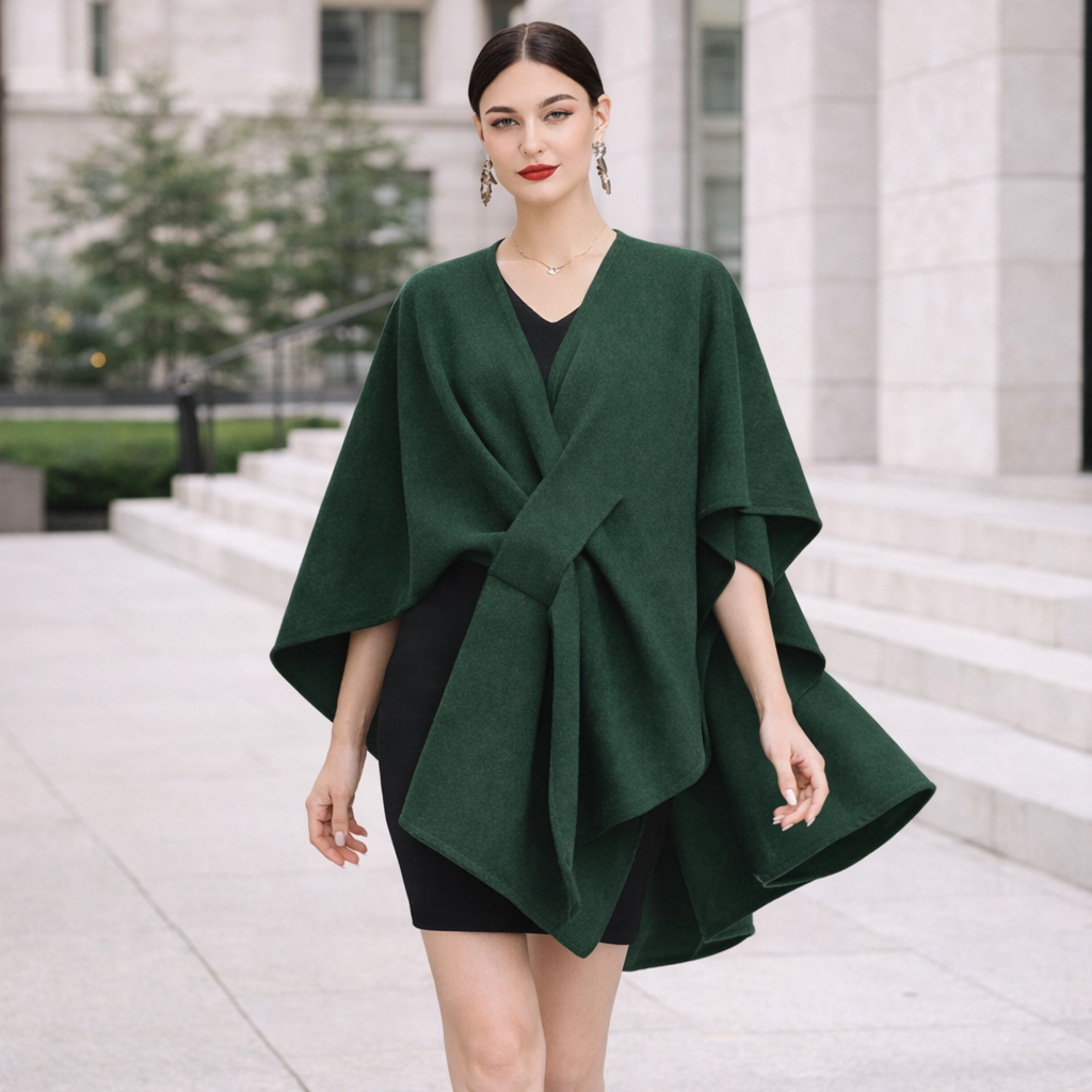 Poncho en laine femme ceinturé chic