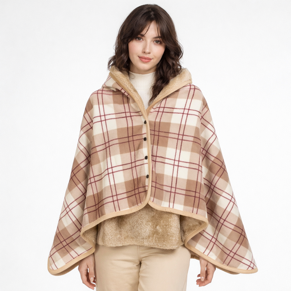 Poncho polaire femme à carreaux beige