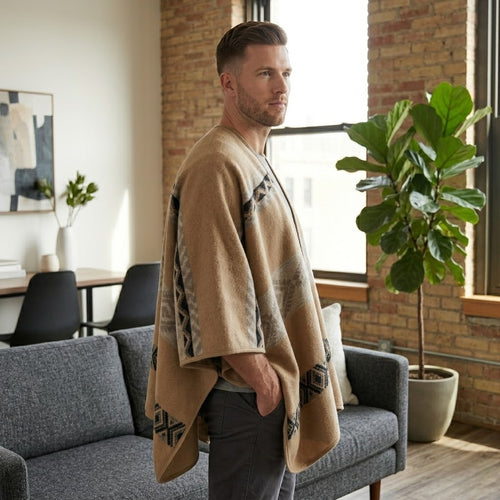 Poncho chaud homme beige