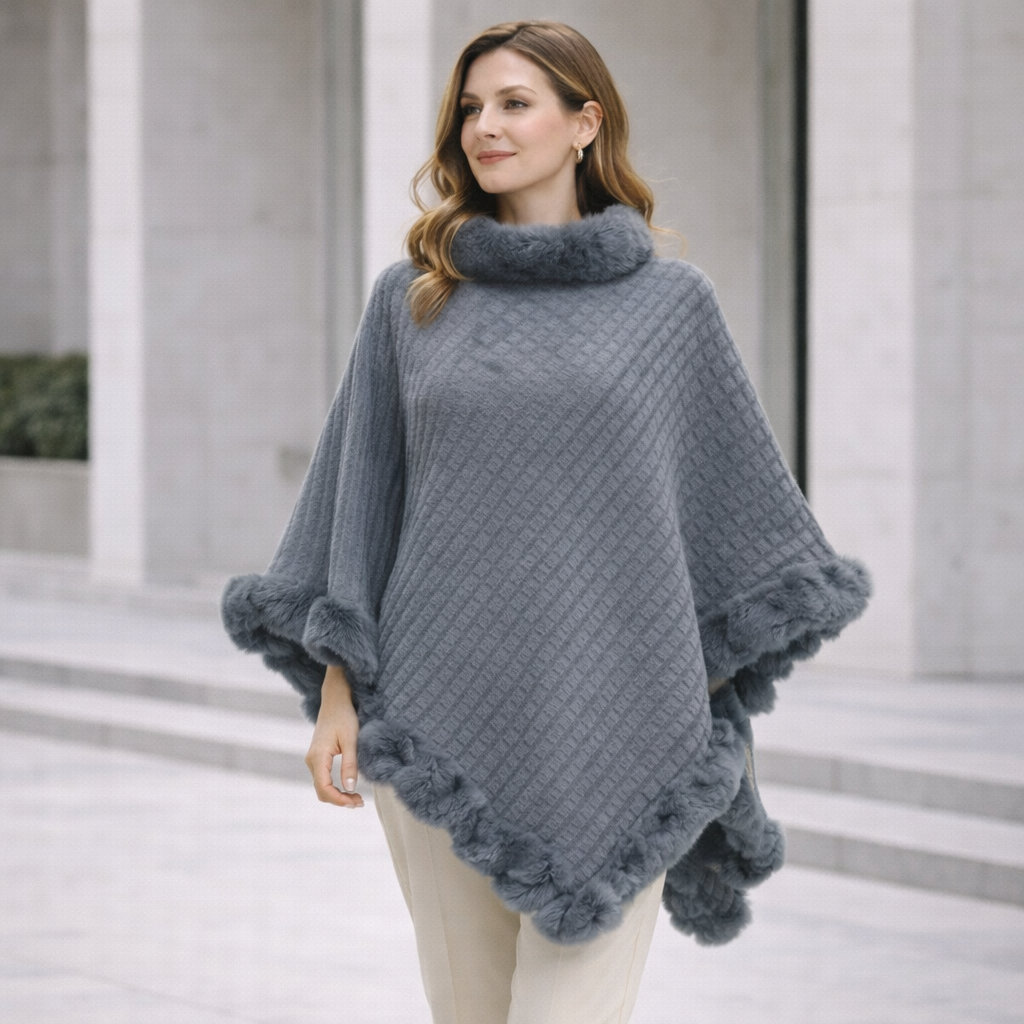 Poncho tendance femme finition fourrure