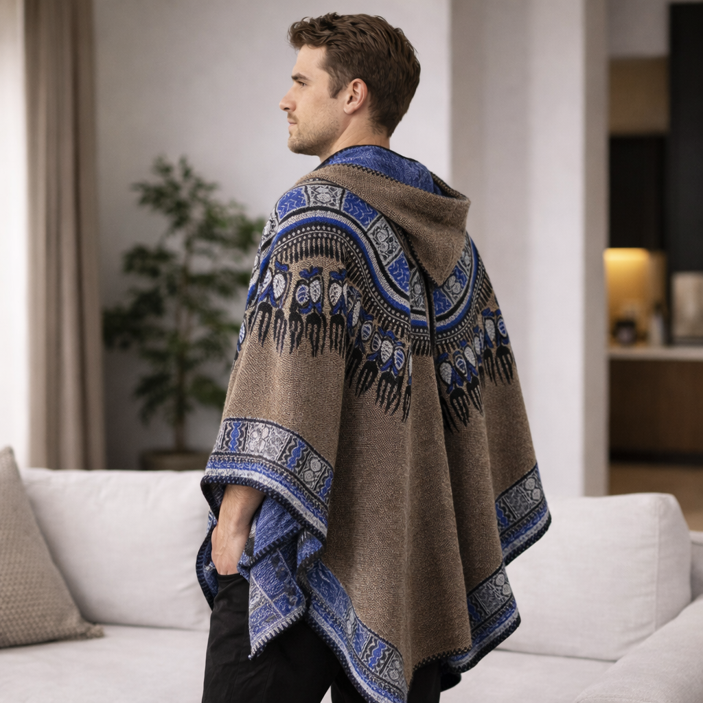 Poncho chaud homme à motifs géométriques