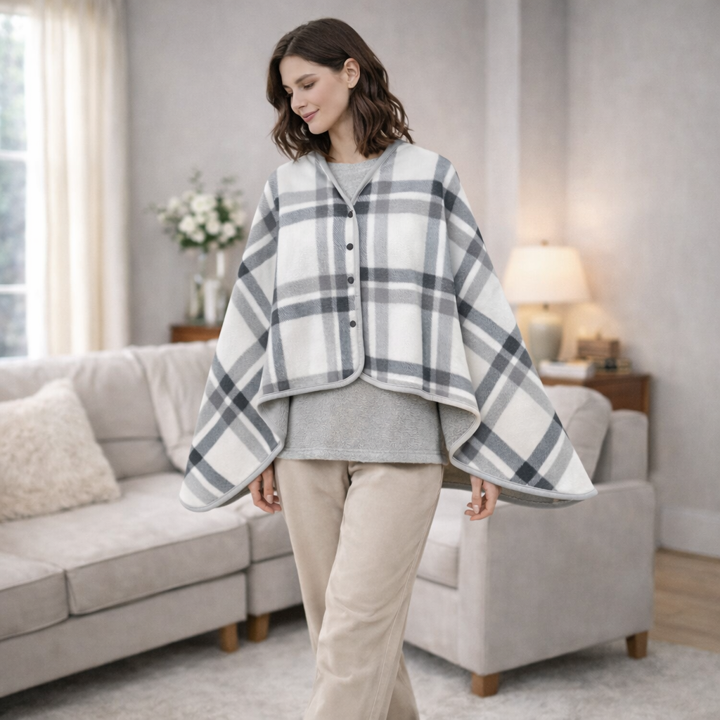 Poncho polaire femme à carreaux gris clair