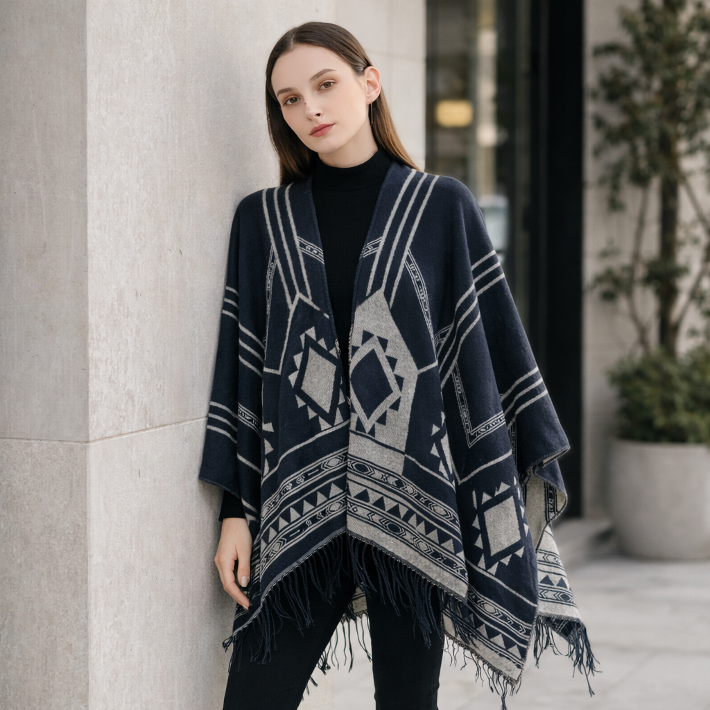 Poncho en laine femme avec motifs