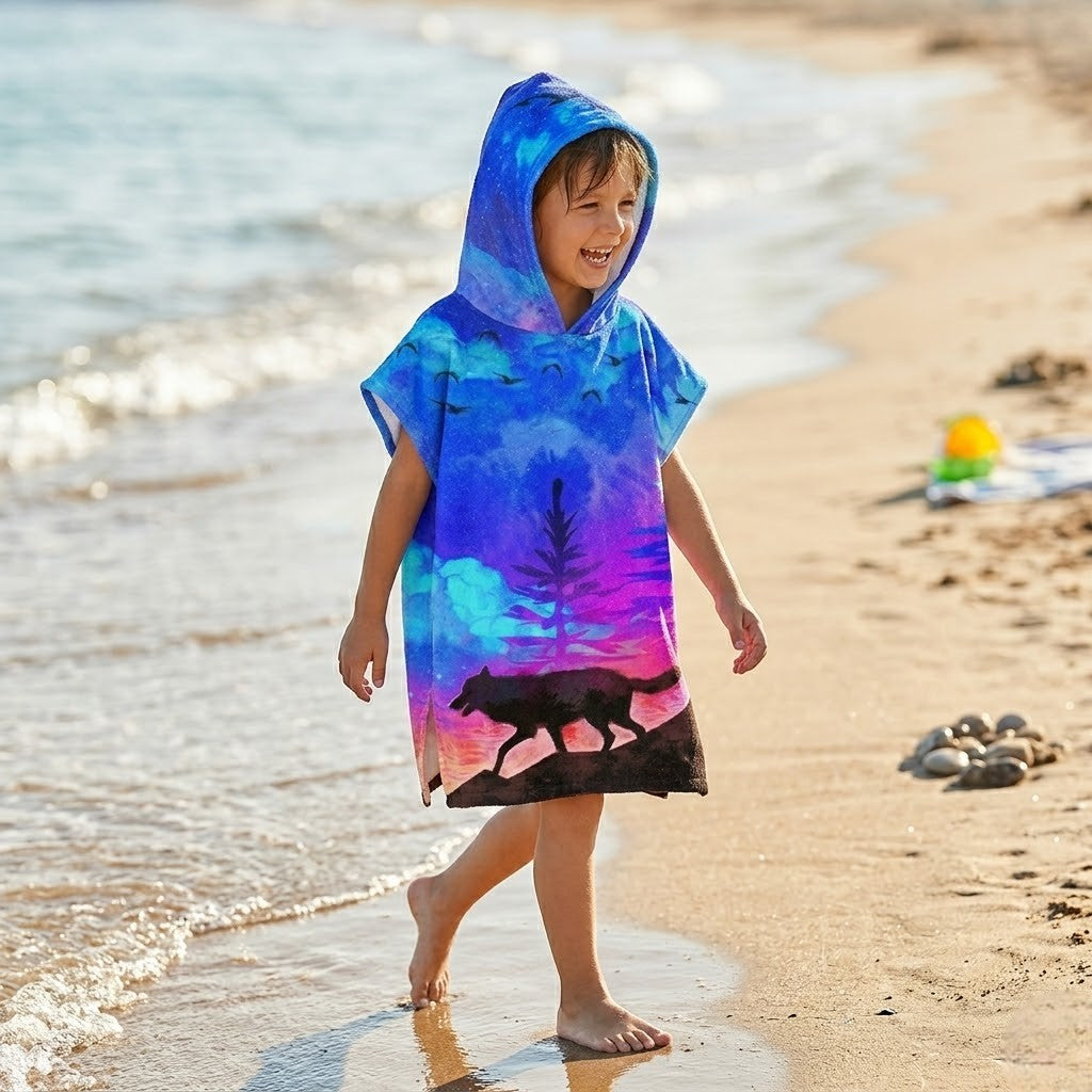Poncho de surf enfant motif loup