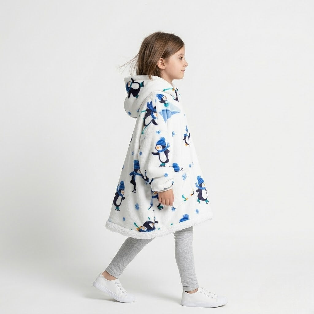 Poncho polaire enfant motif pingouin