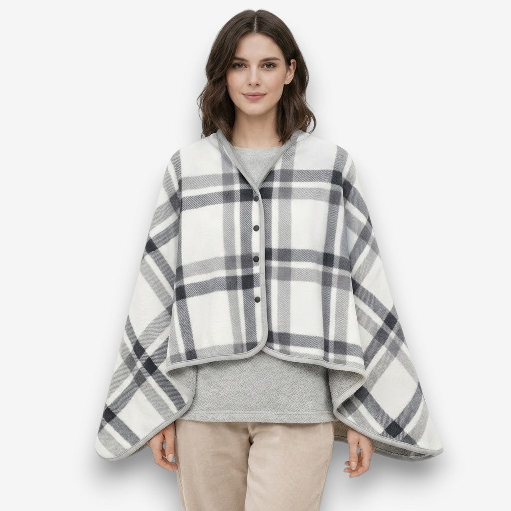 Poncho polaire femme à carreaux gris clair