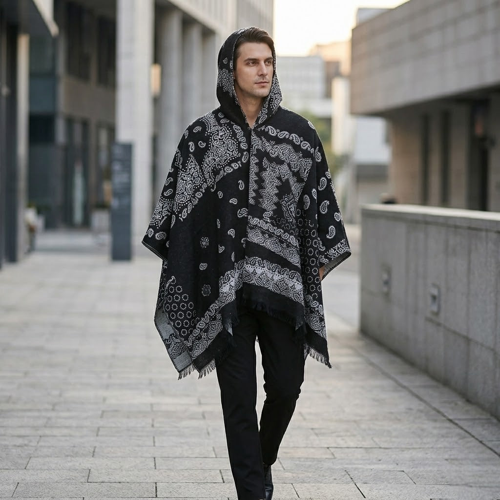 Poncho chaud homme design oriental
