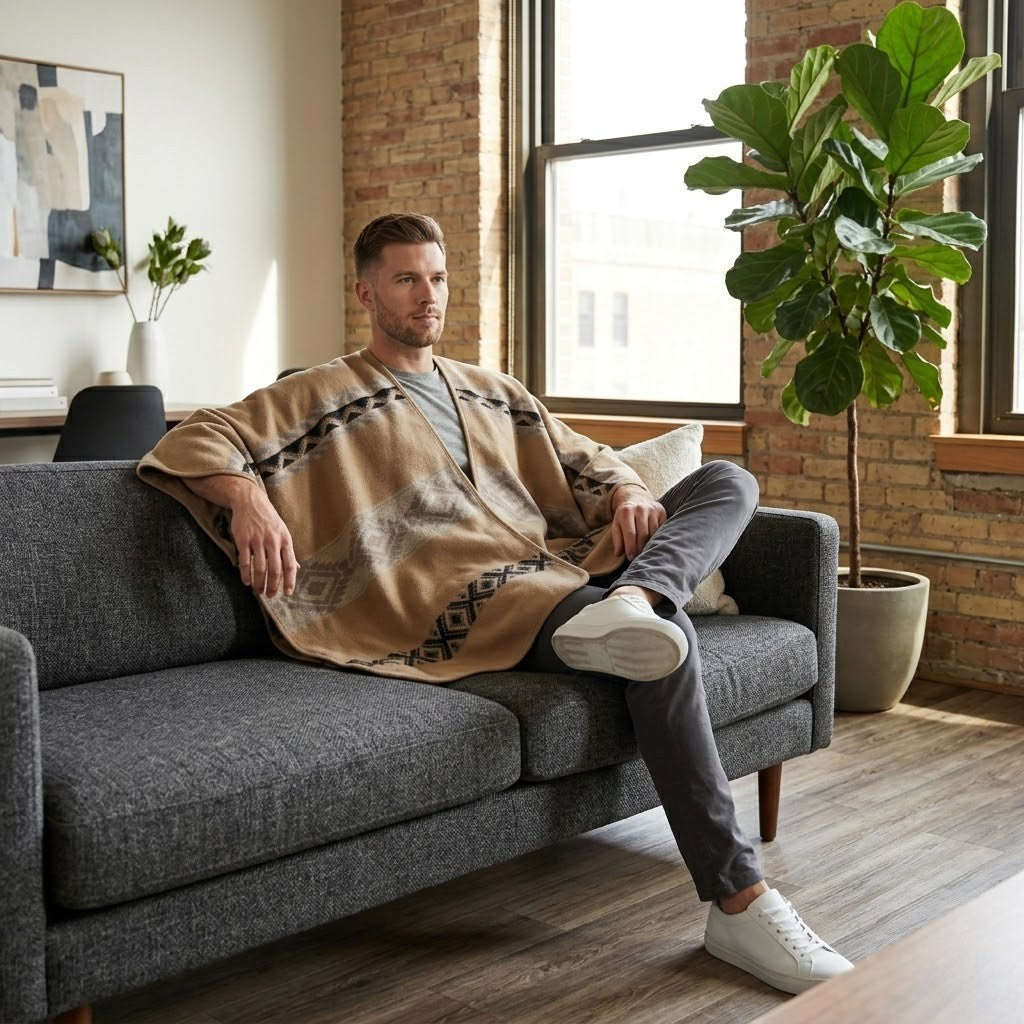 Poncho chaud homme beige