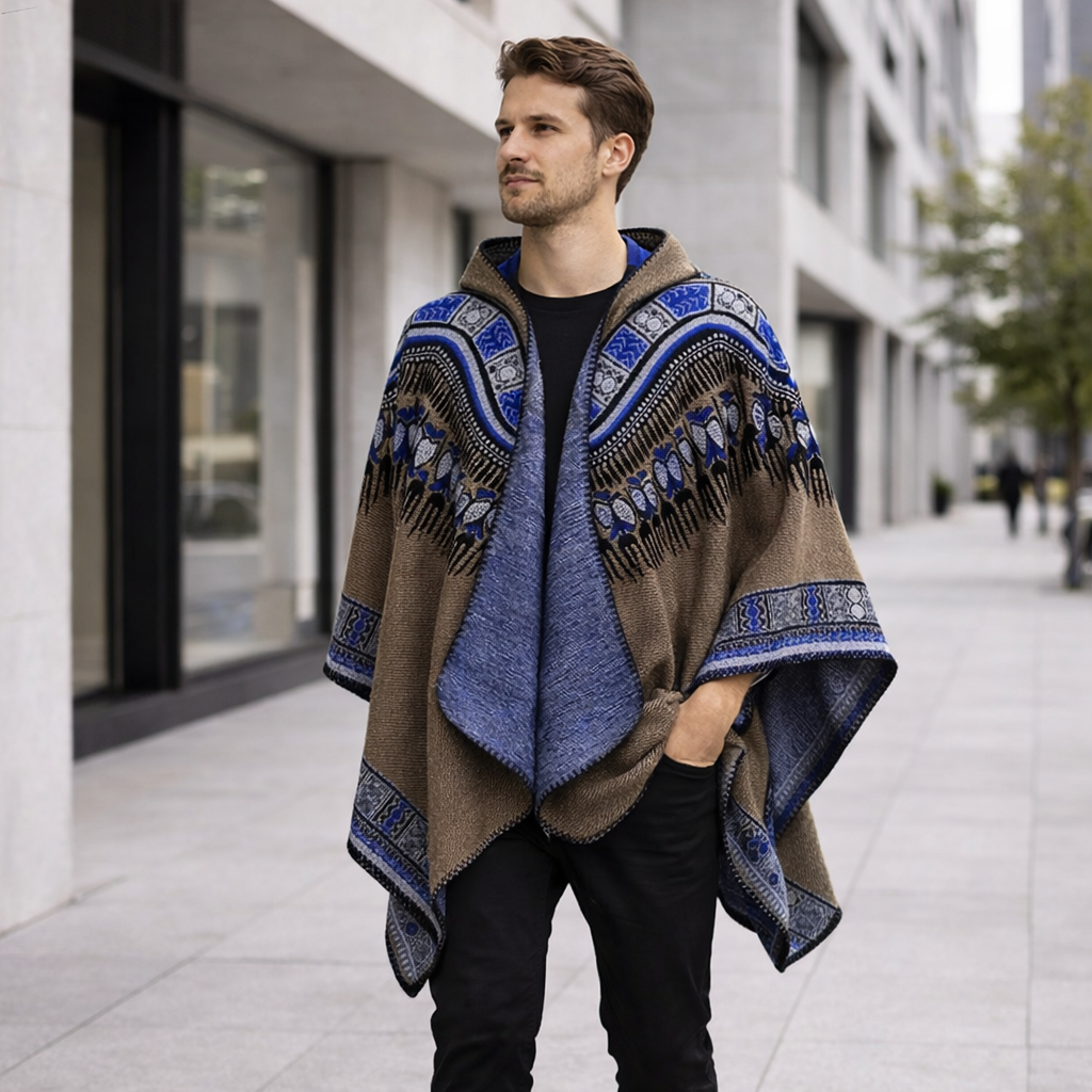 Poncho chaud homme à motifs géométriques