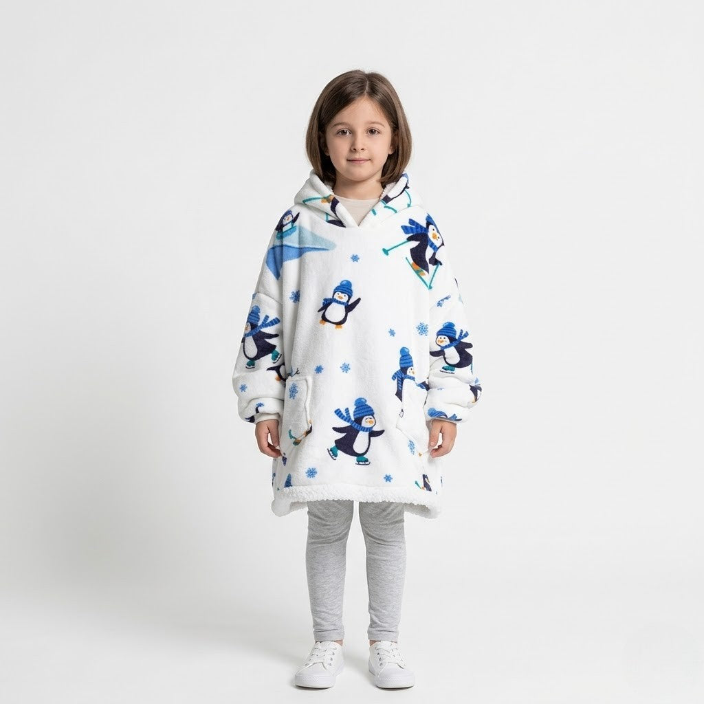 Poncho polaire enfant motif pingouin