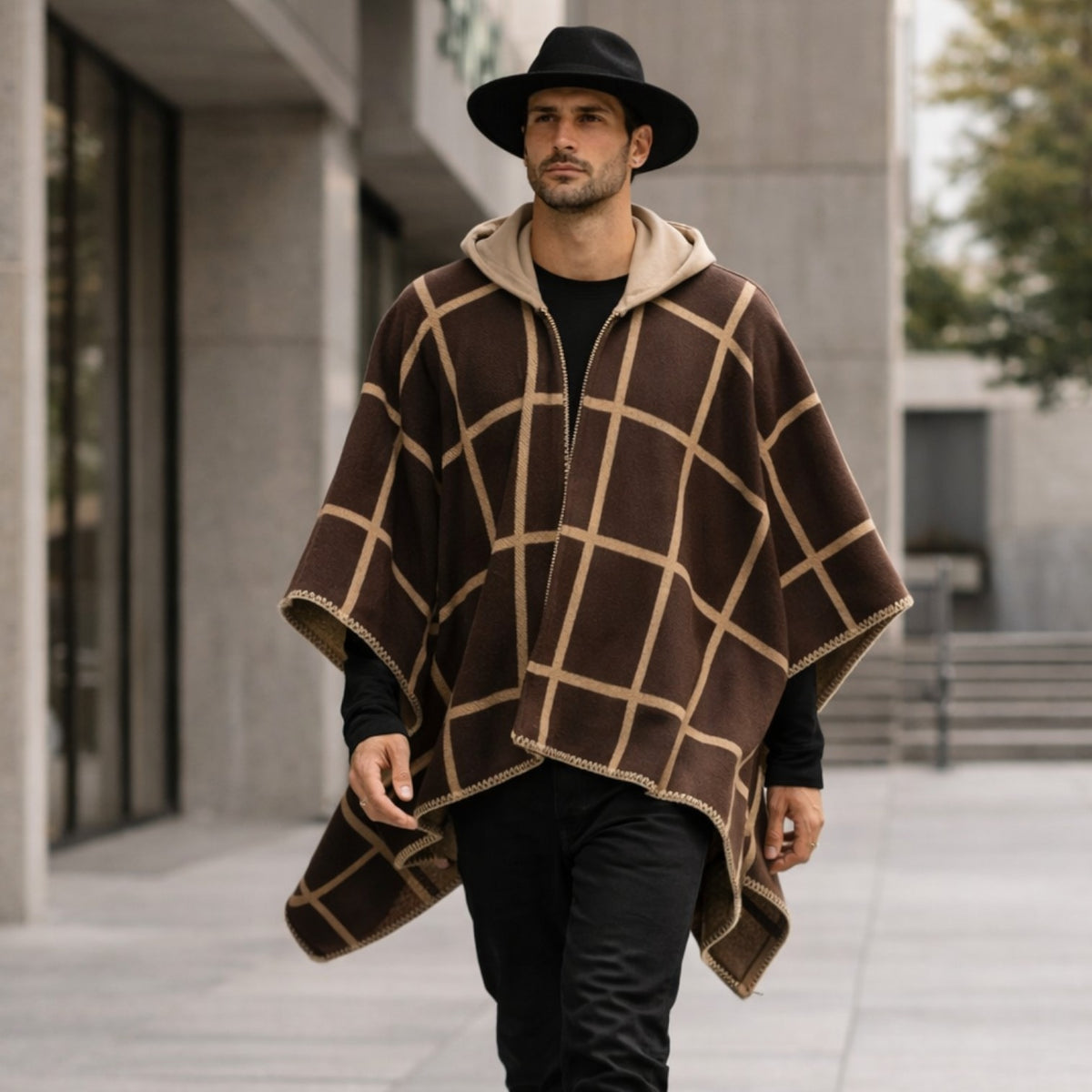 Poncho chaud homme à carreaux