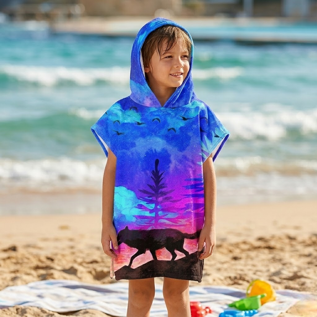 Poncho de surf enfant motif loup
