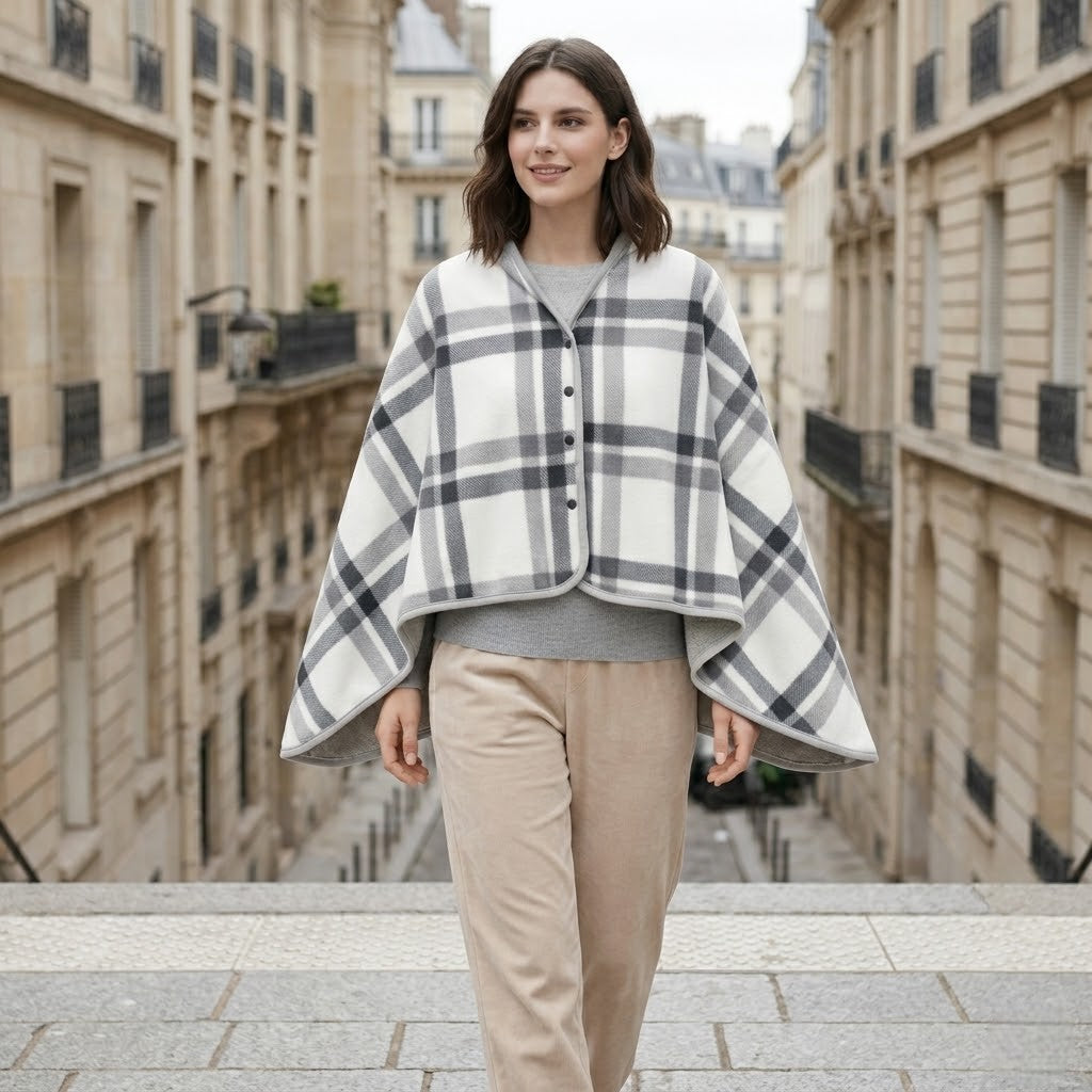 Poncho polaire femme à carreaux gris clair