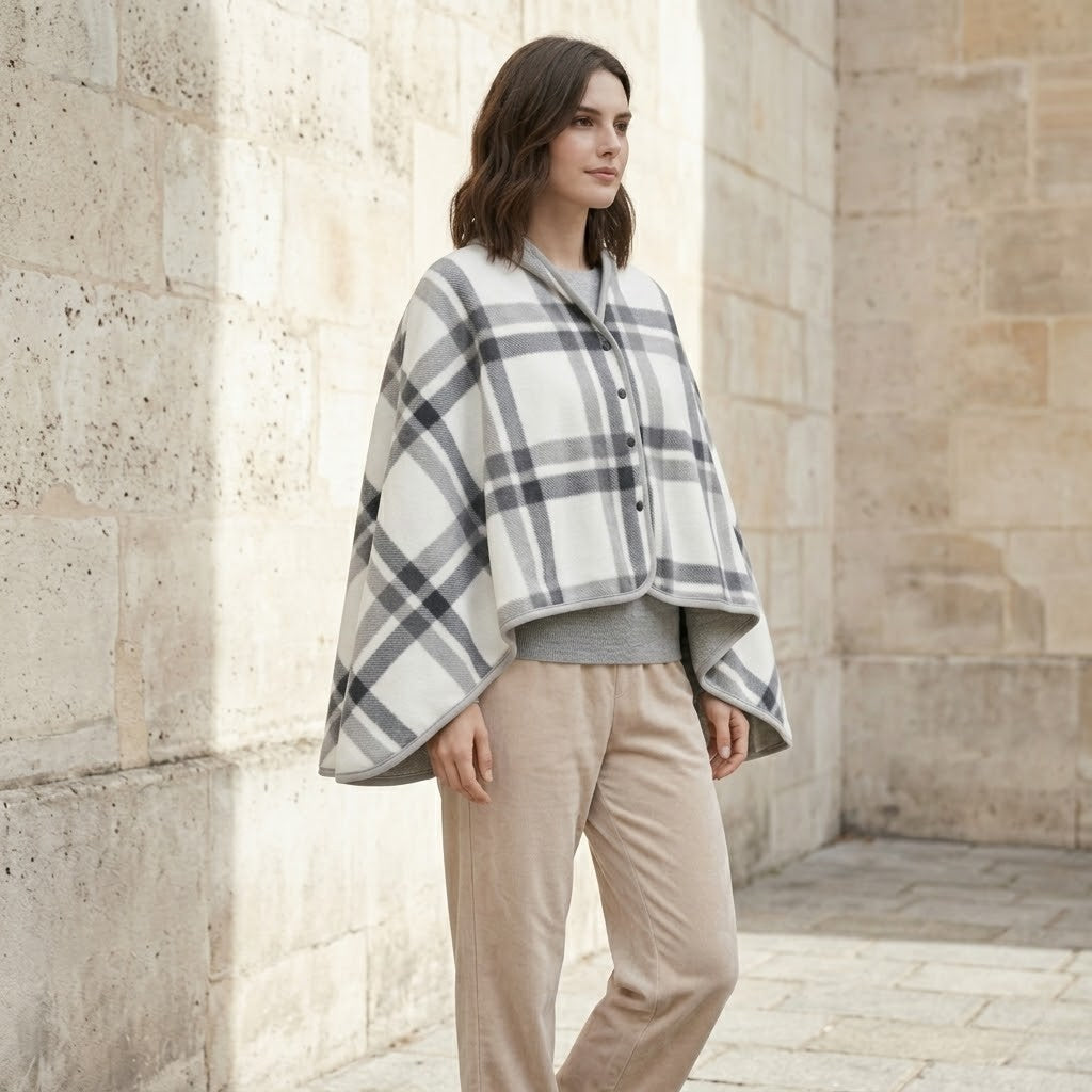 Poncho polaire femme à carreaux gris clair