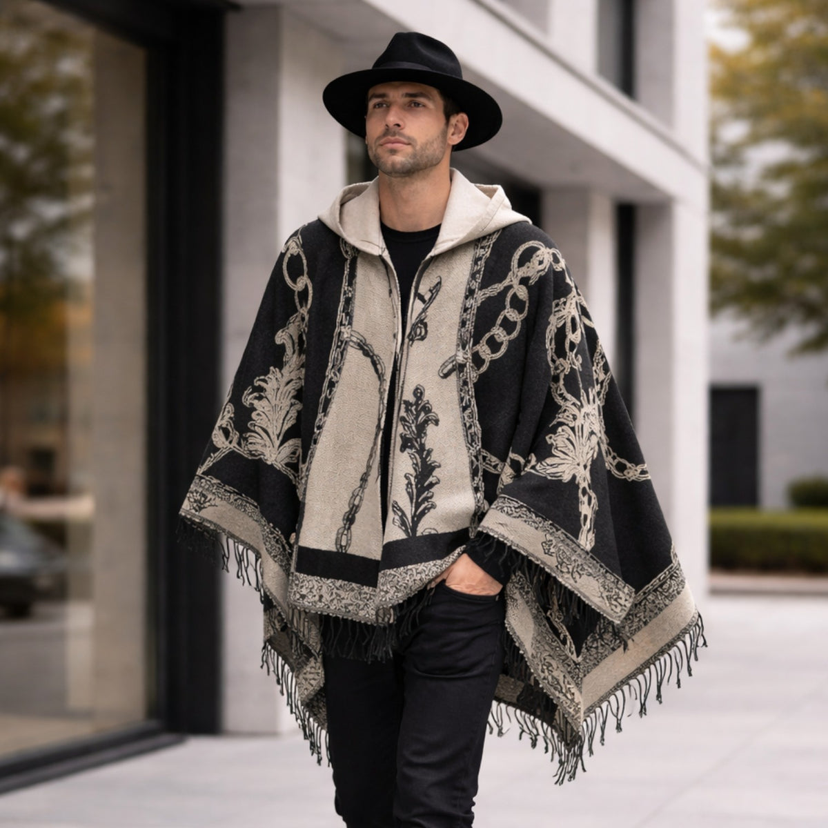 Poncho chaud homme motifs chaînes dorées