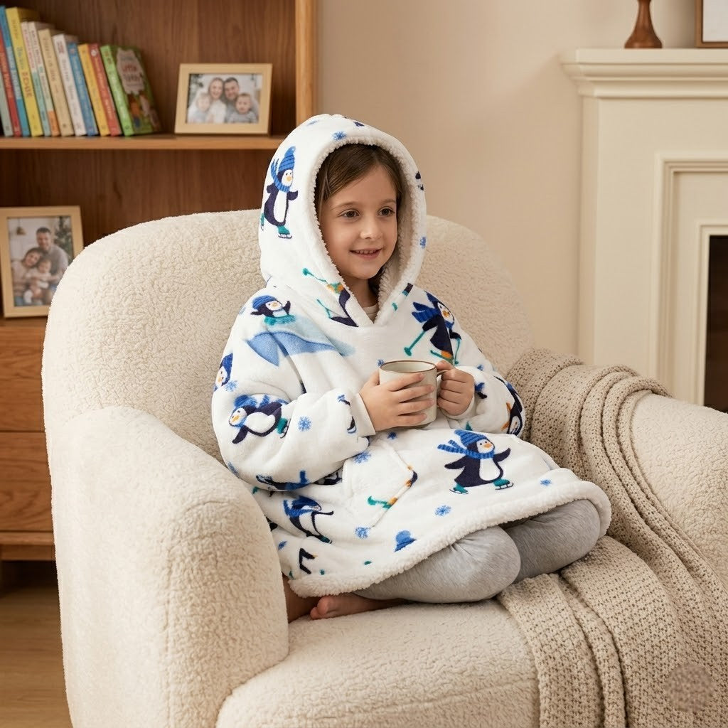 Poncho polaire enfant motif pingouin