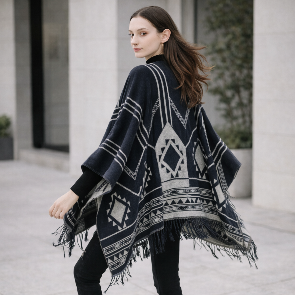 Poncho en laine femme avec motifs