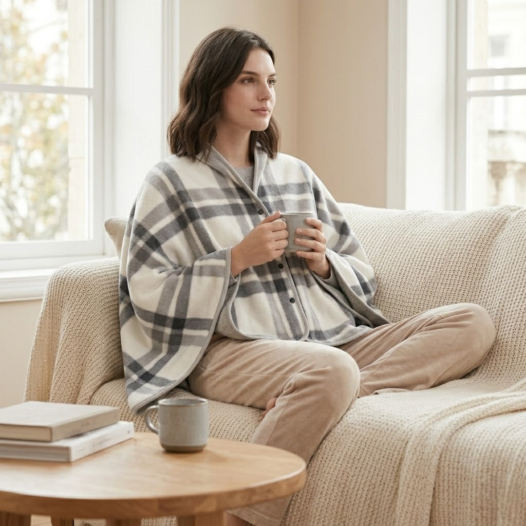 Poncho polaire femme à carreaux gris clair