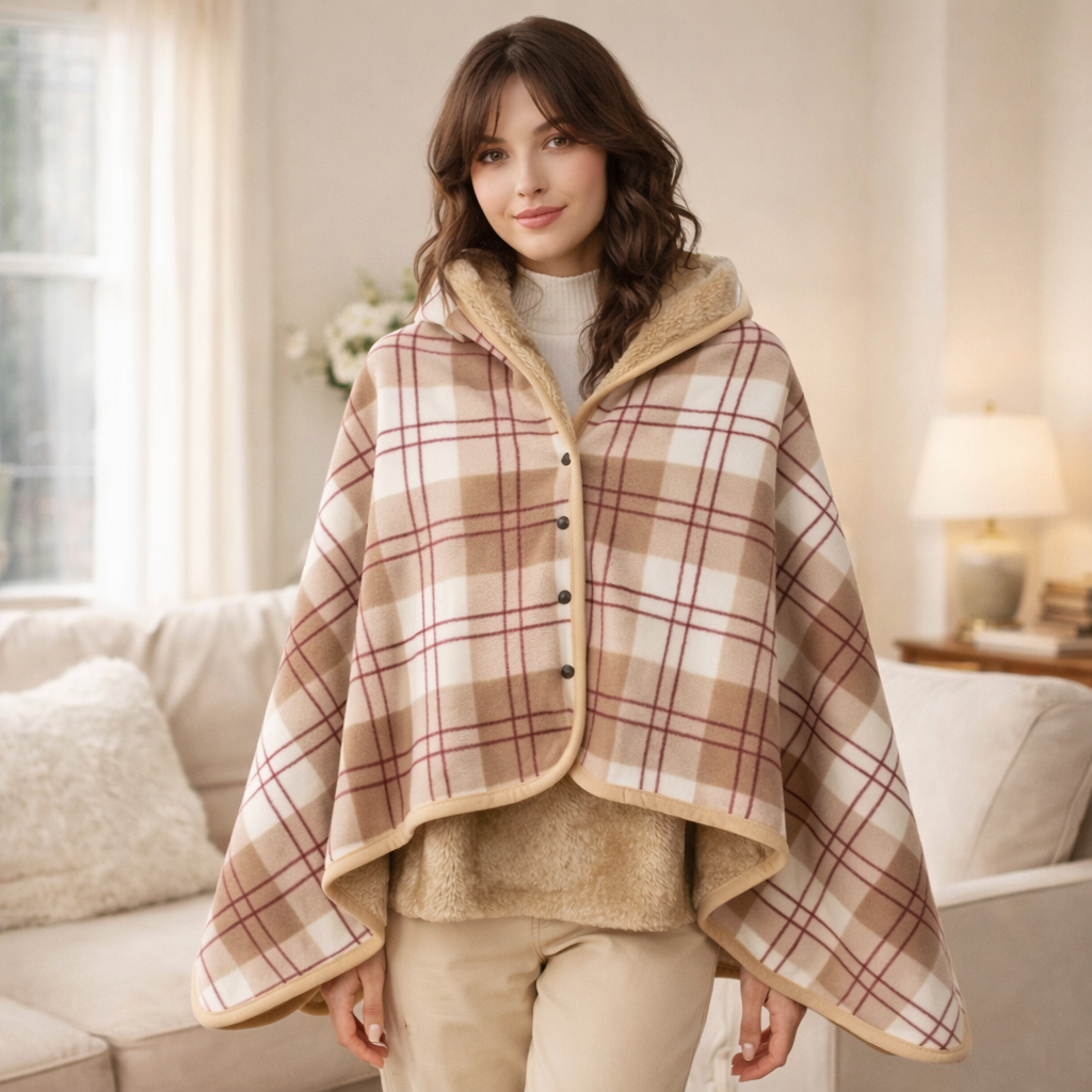 Poncho polaire femme à carreaux beige