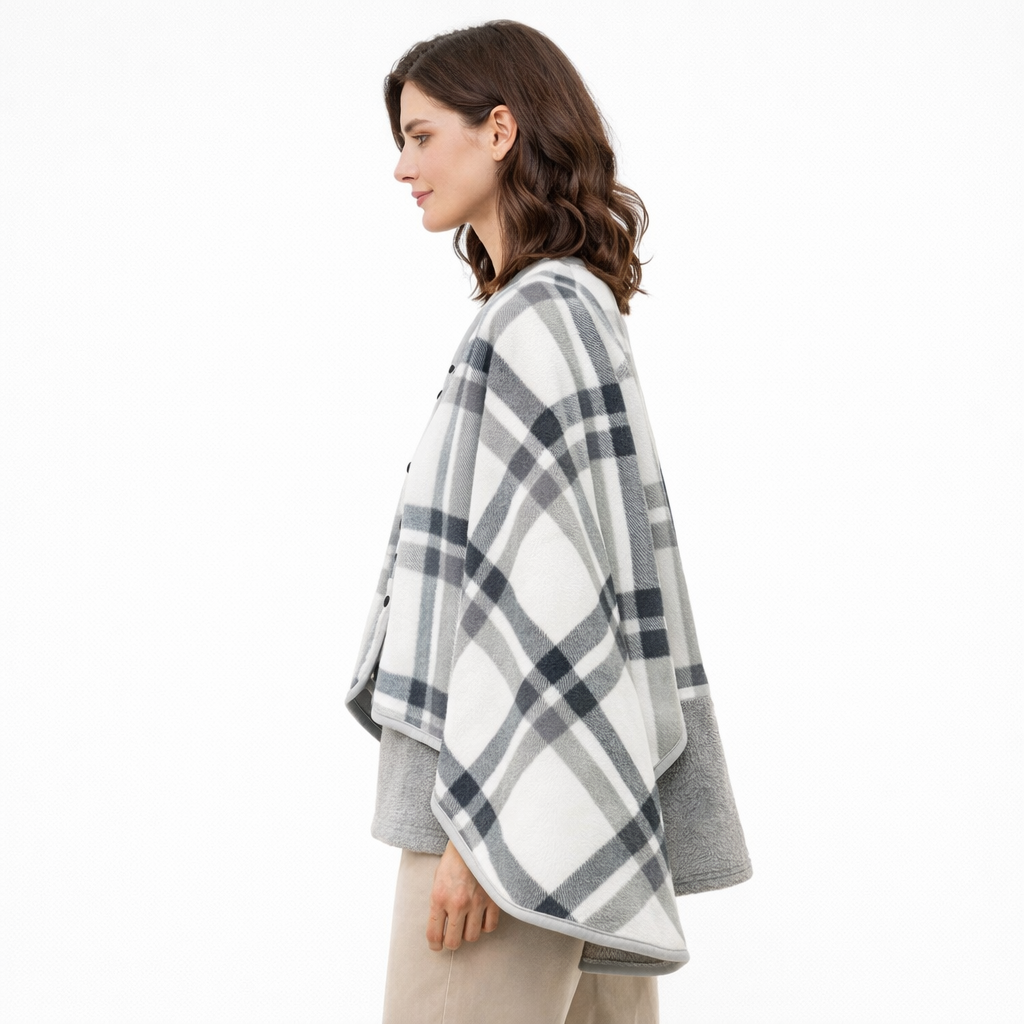 Poncho polaire femme à carreaux gris clair