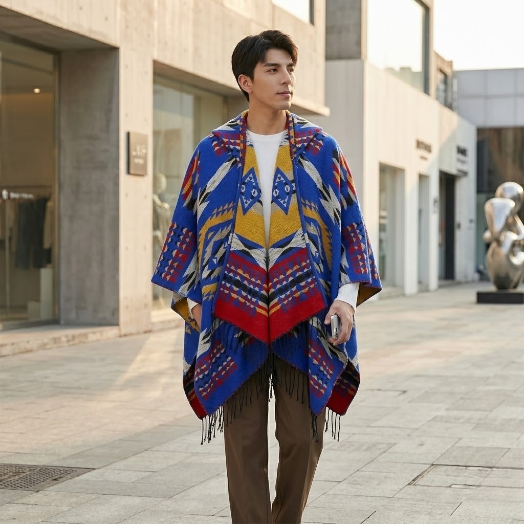 Poncho chaud homme géométrique coloré