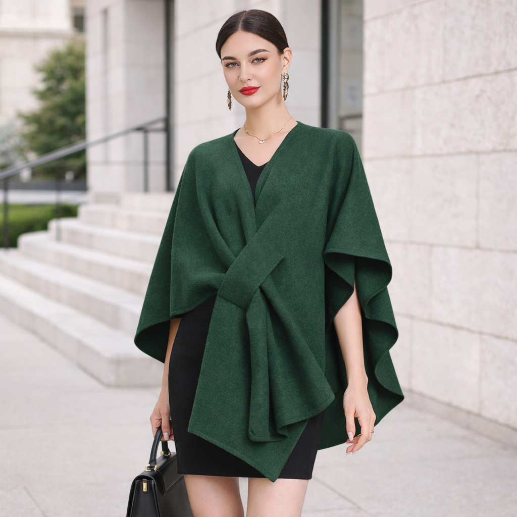 Poncho en laine femme ceinturé chic