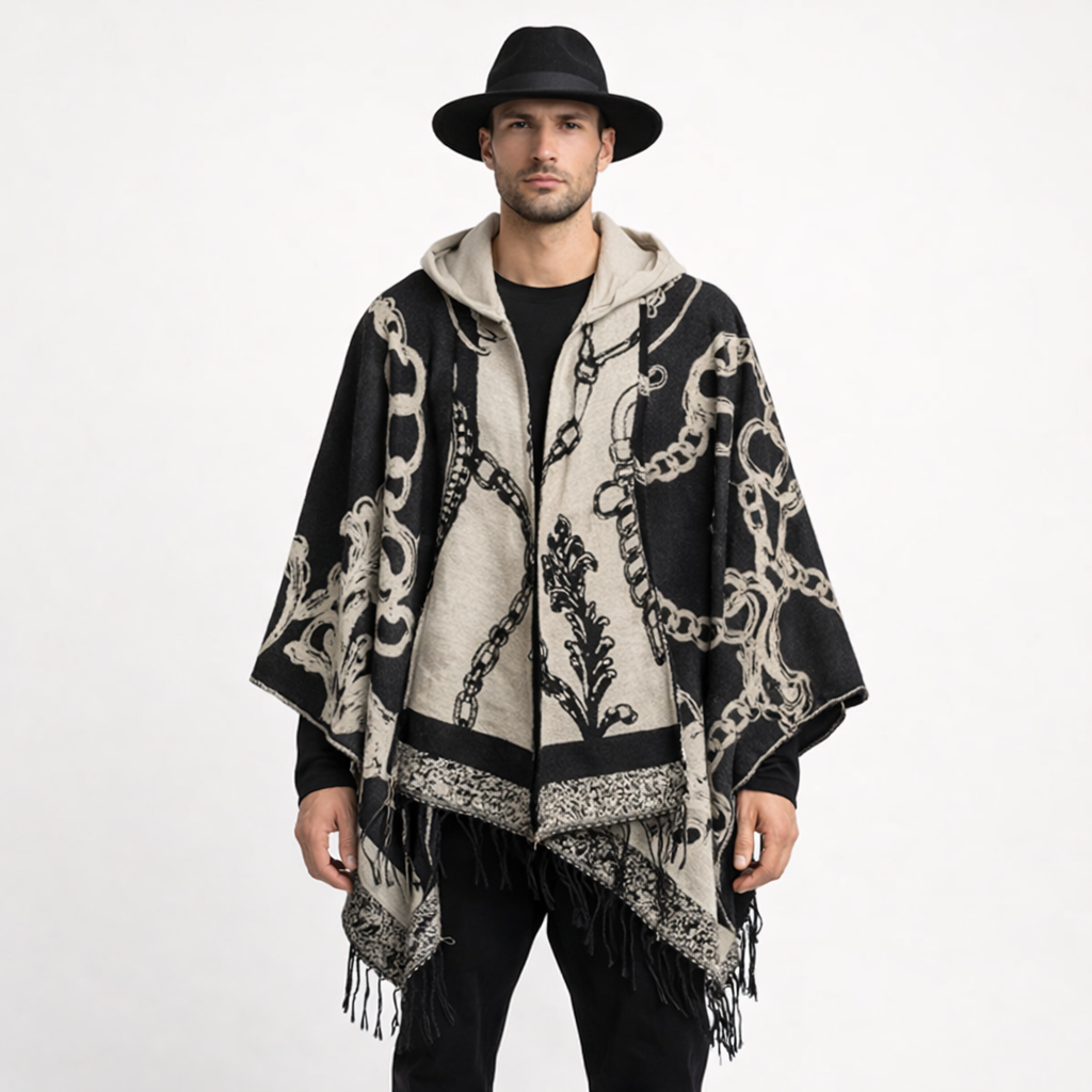 Poncho chaud homme motifs chaînes dorées