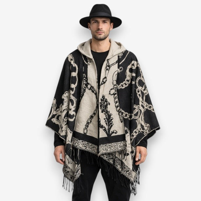 Poncho chaud homme motifs chaînes dorées