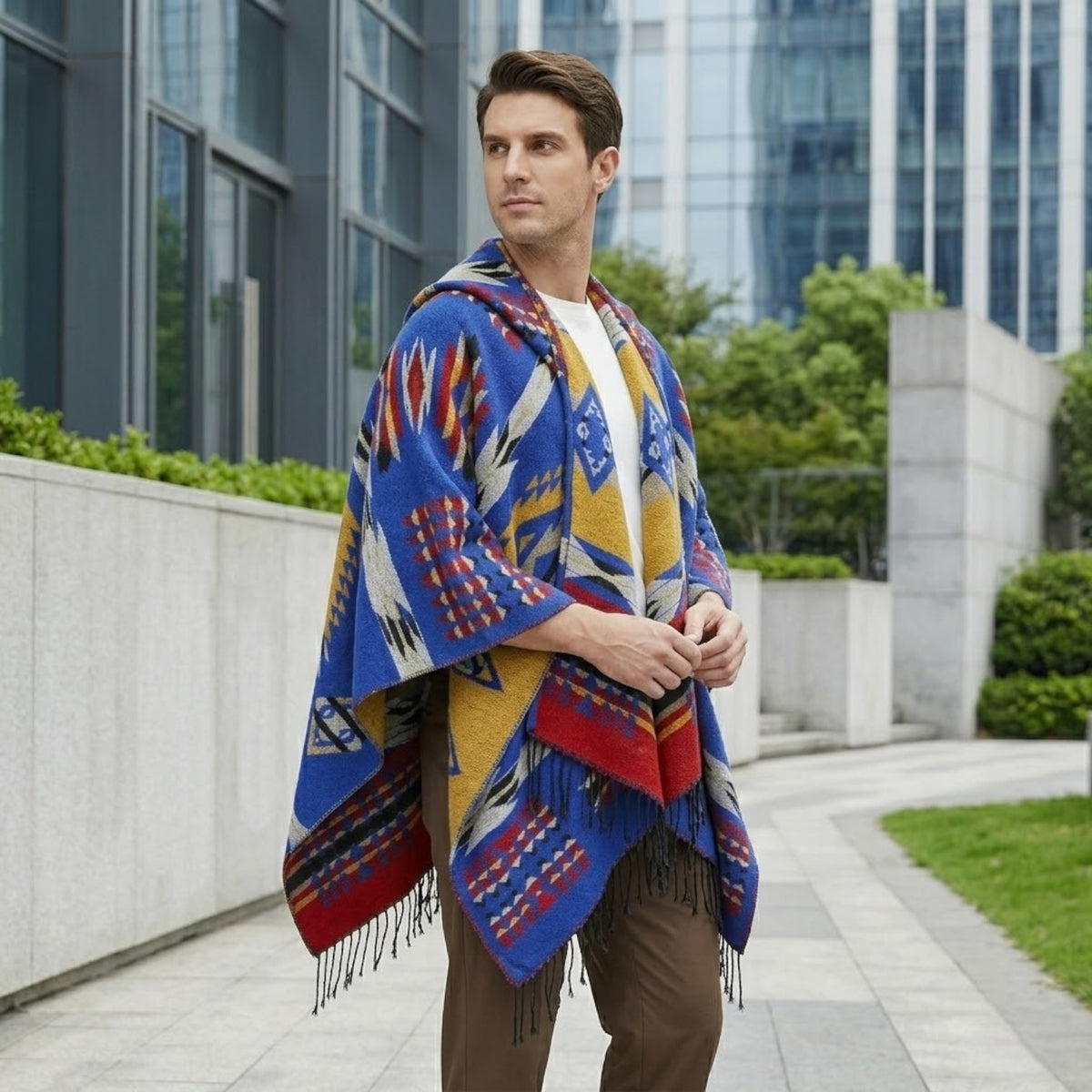 Poncho chaud homme géométrique coloré
