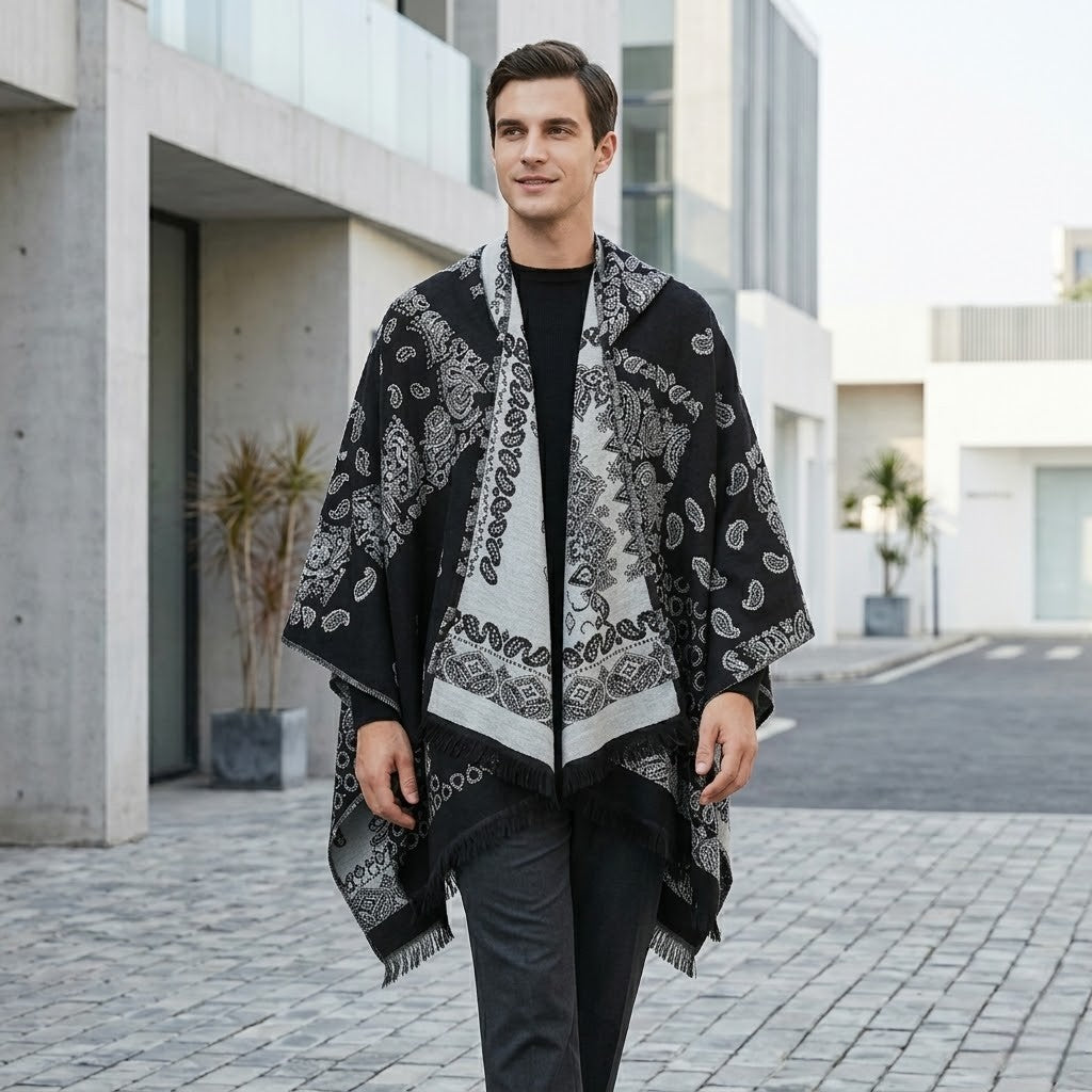 Poncho chaud homme design oriental