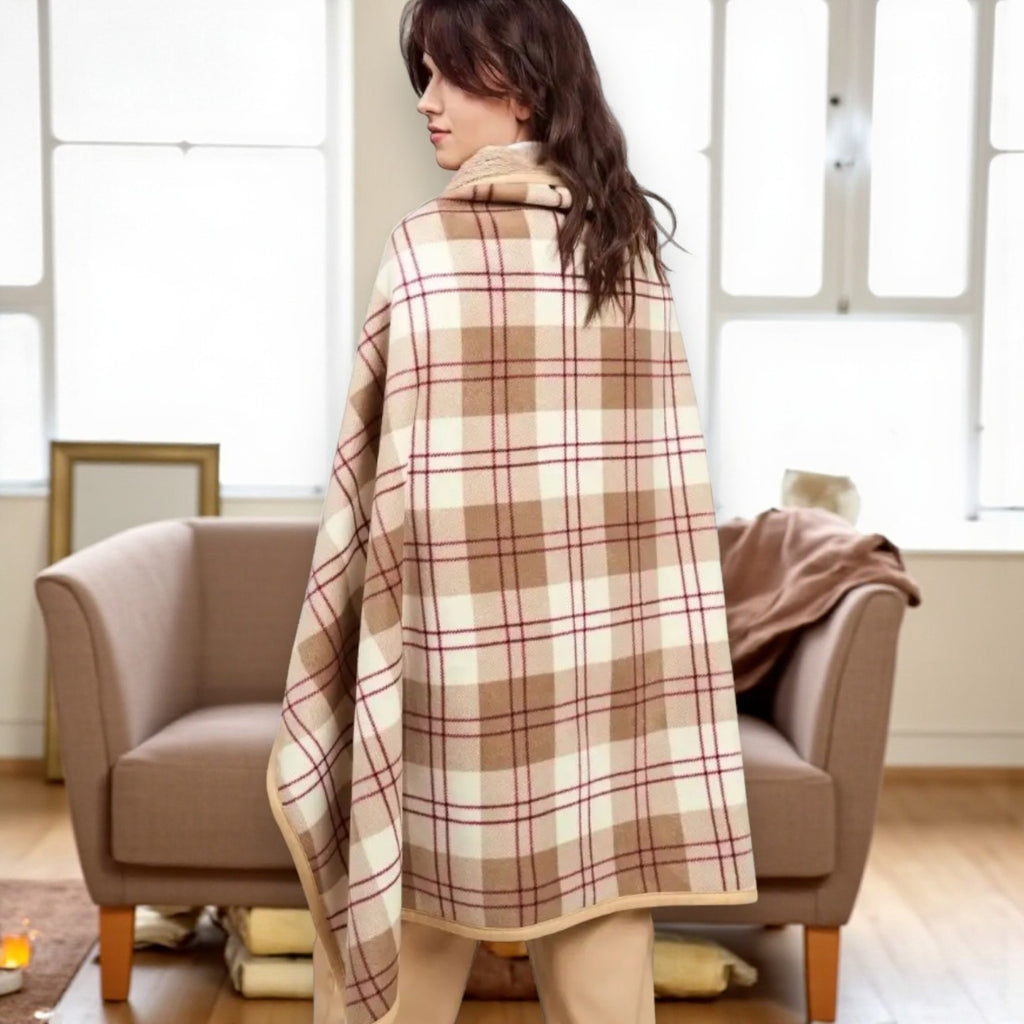 Poncho polaire femme à carreaux beige