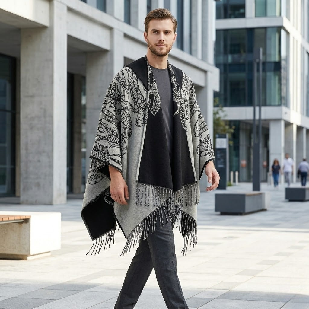 Poncho chaud homme élégant à franges