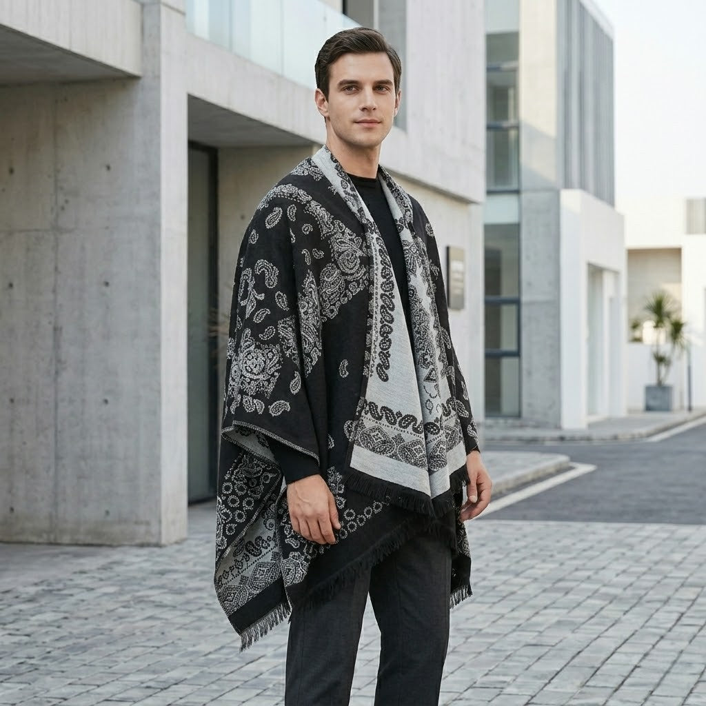 Poncho chaud homme design oriental