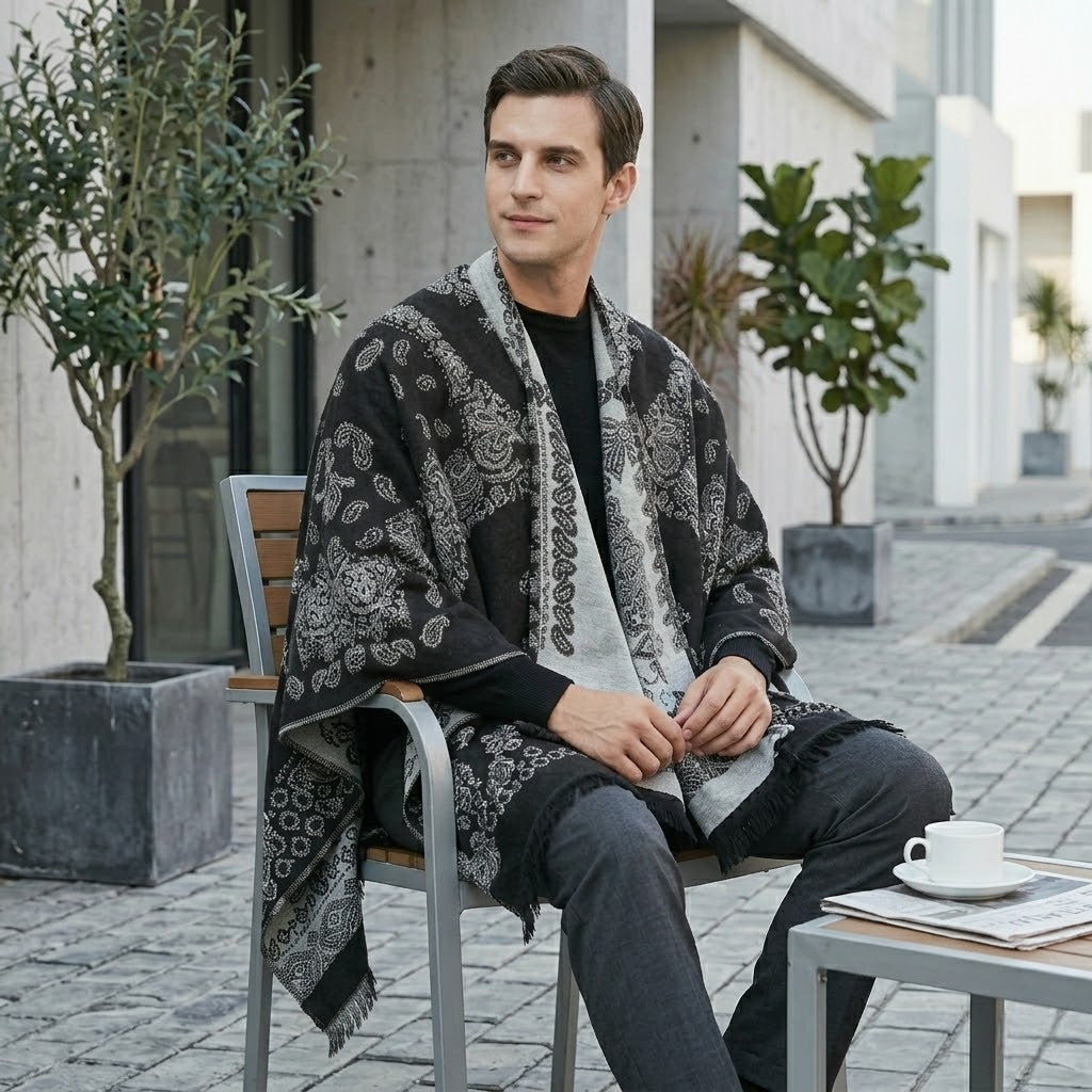 Poncho chaud homme design oriental