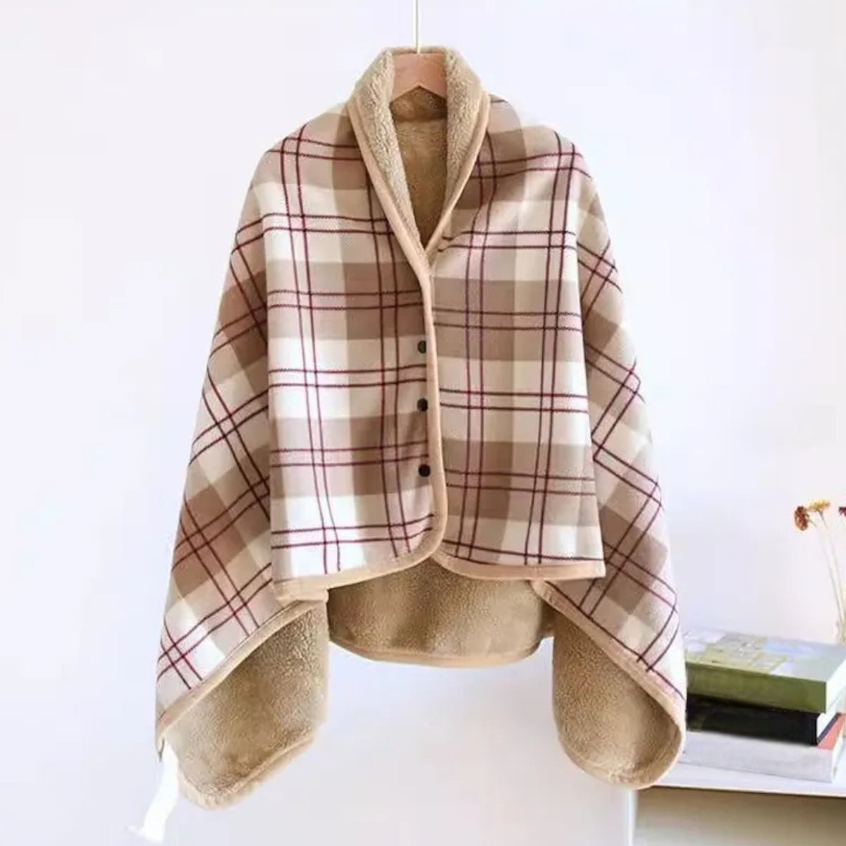 Poncho polaire femme à carreaux beige