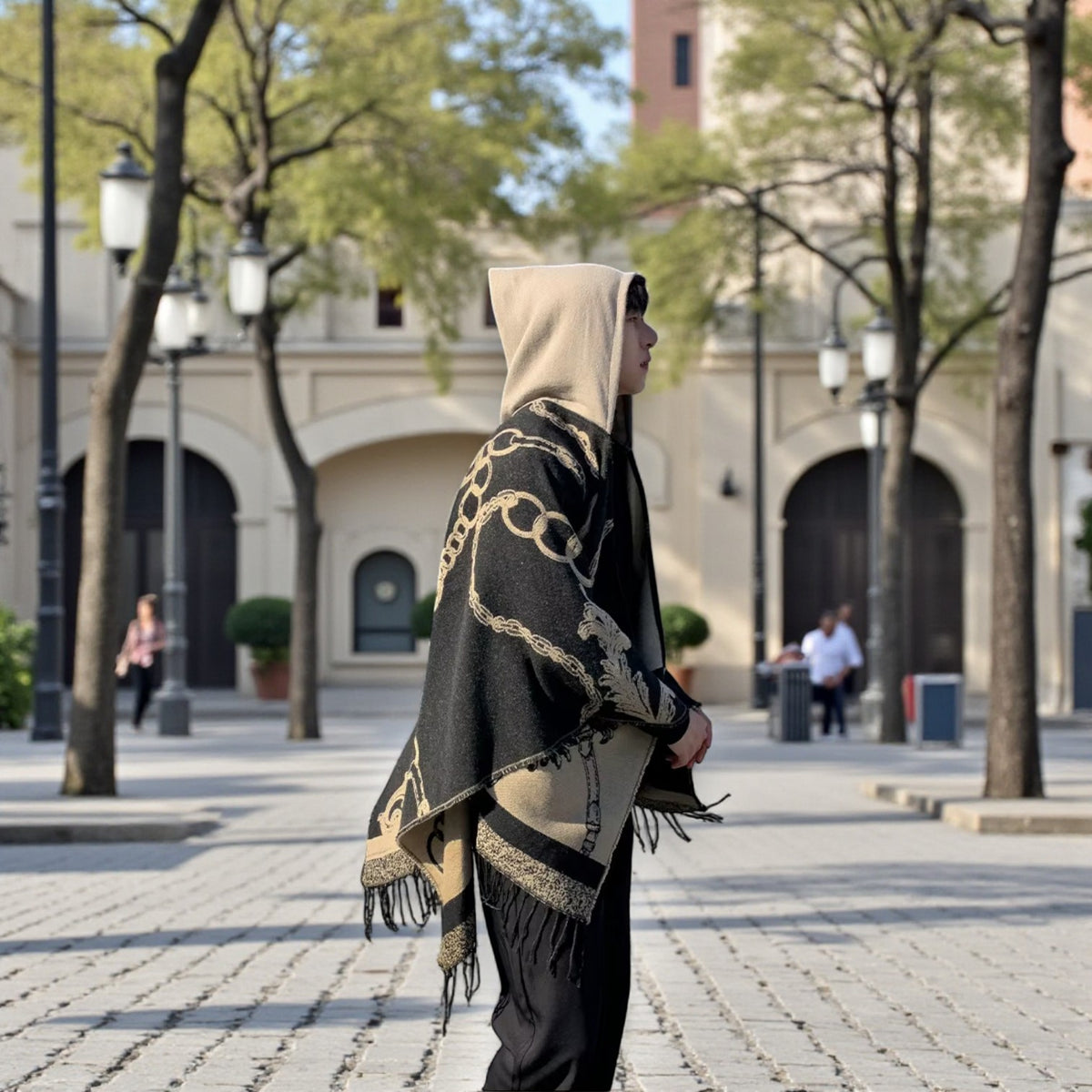 Poncho chaud homme motifs chaînes dorées