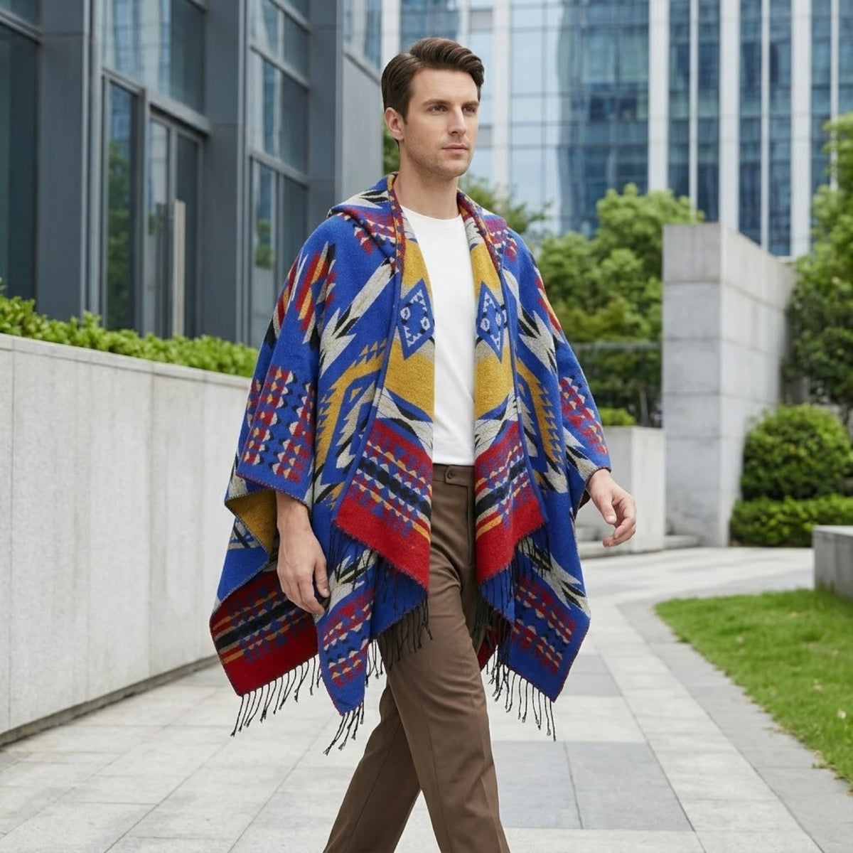 Poncho chaud homme géométrique coloré