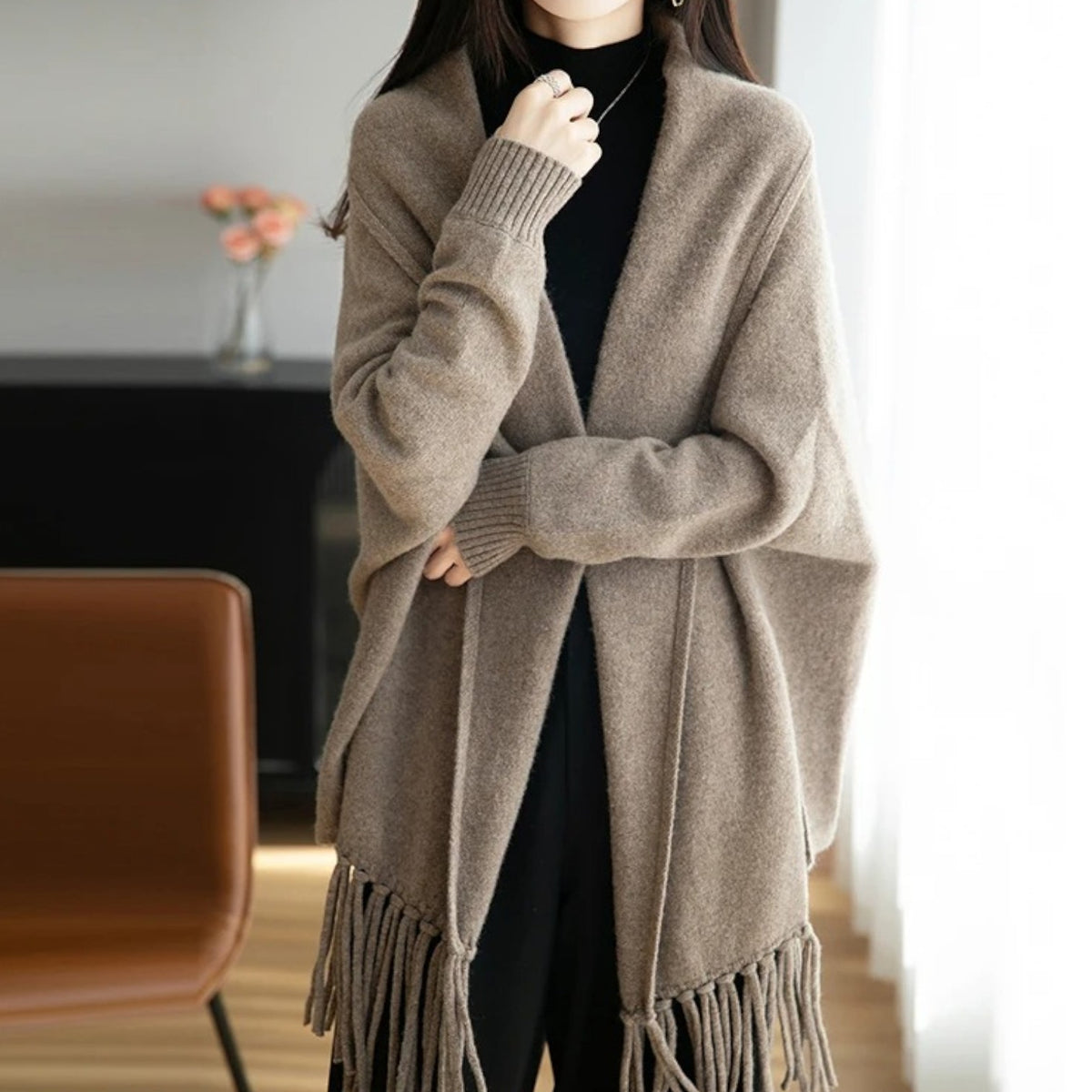 Poncho en laine femme à franges