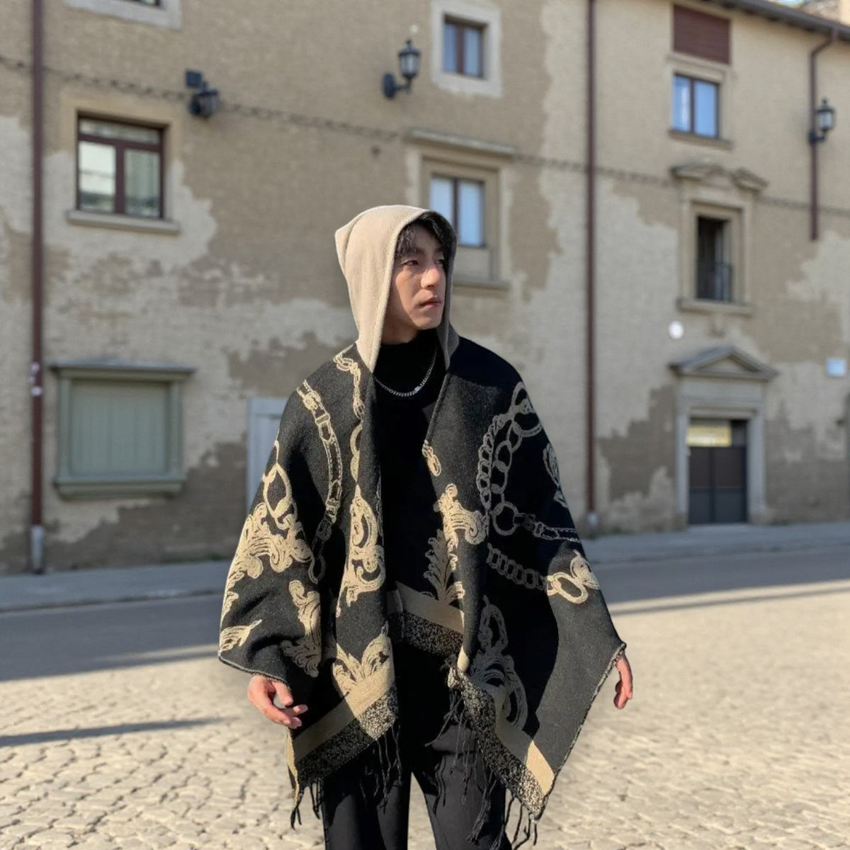 Poncho chaud homme motifs chaînes dorées