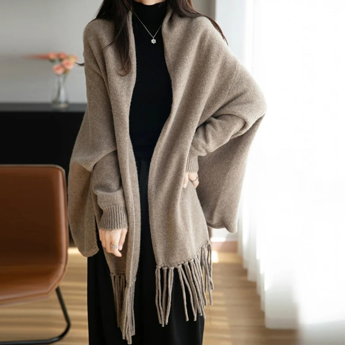 Poncho en laine femme à franges